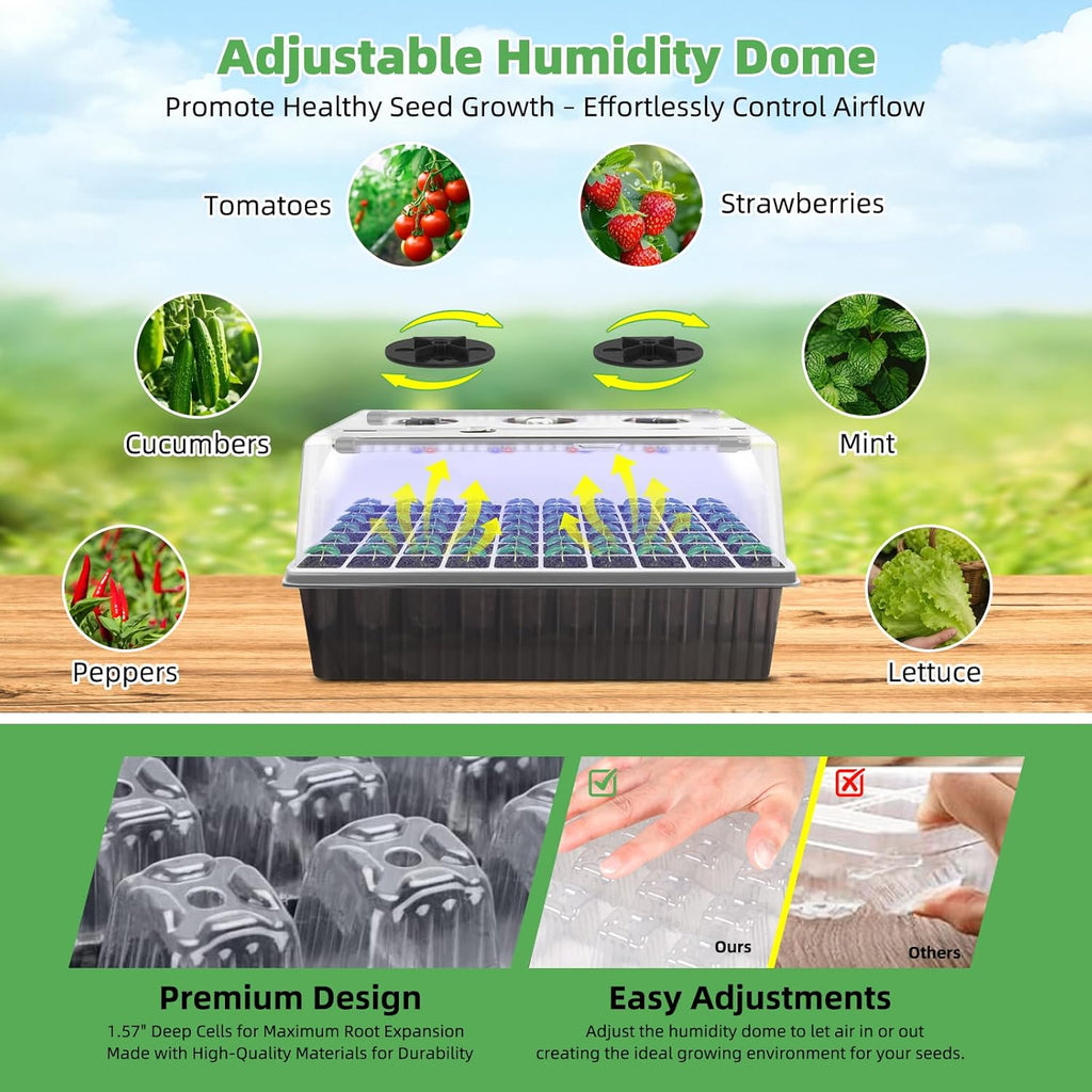 120-Cell Self-Watering Seed Starter Tray with Grow Light, 1–24H Timer, Humidity Dome, Soil pH Meter, Gloves, Seedling