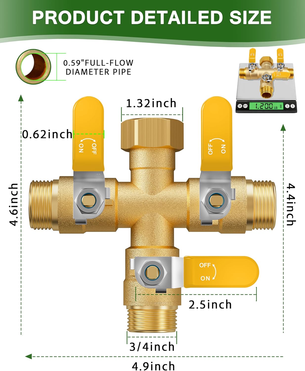Garden Hose Splitter, 3 Way Heavy Duty Brass hose splitter, Water Hose Bib Spigot Splitter with 0.59" Full Flow Ball