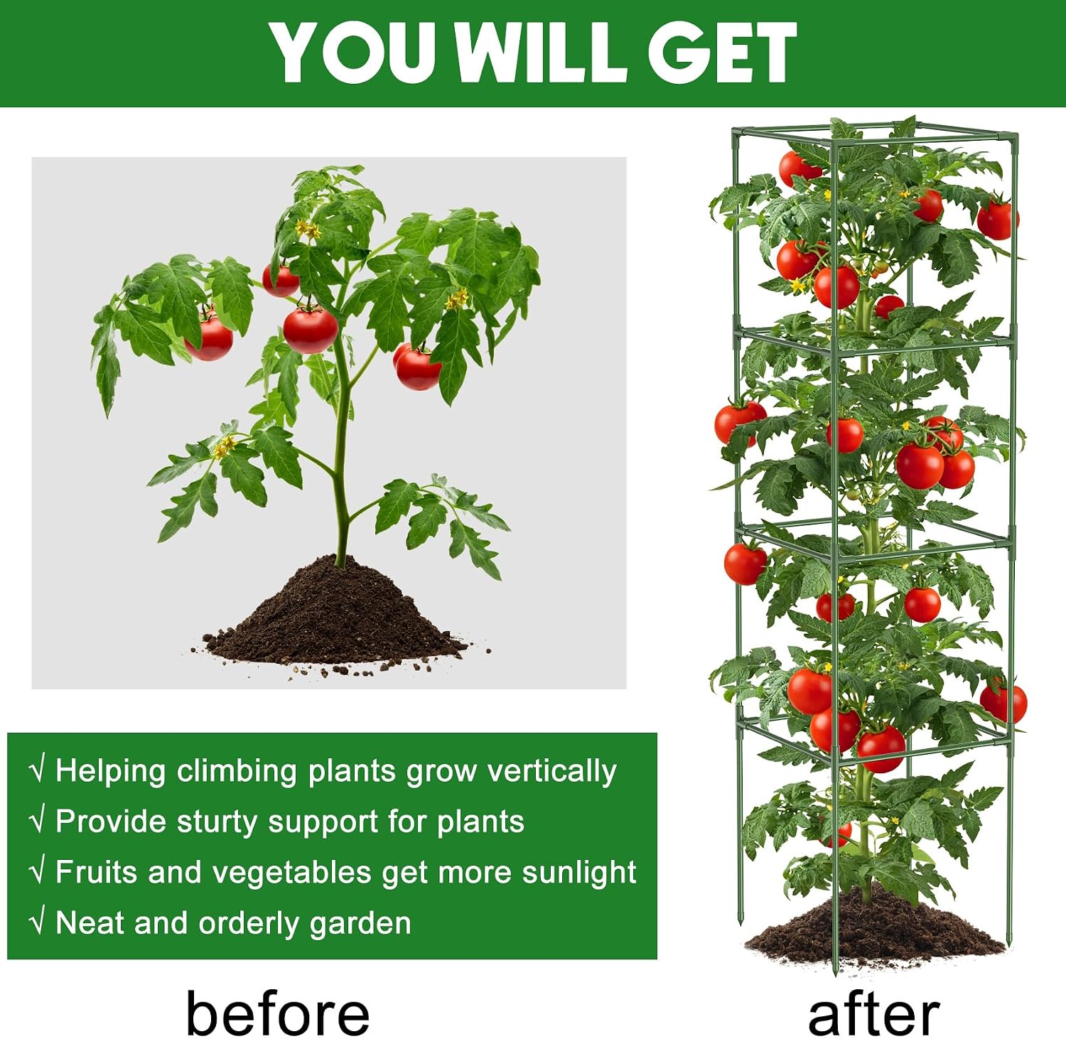 Unves 3 Pack Tomato Cage, 16" W x 66" H Tomato Trellis, with 50 Pcs Clips | Square Tomato Cage Support Frame, Suitable