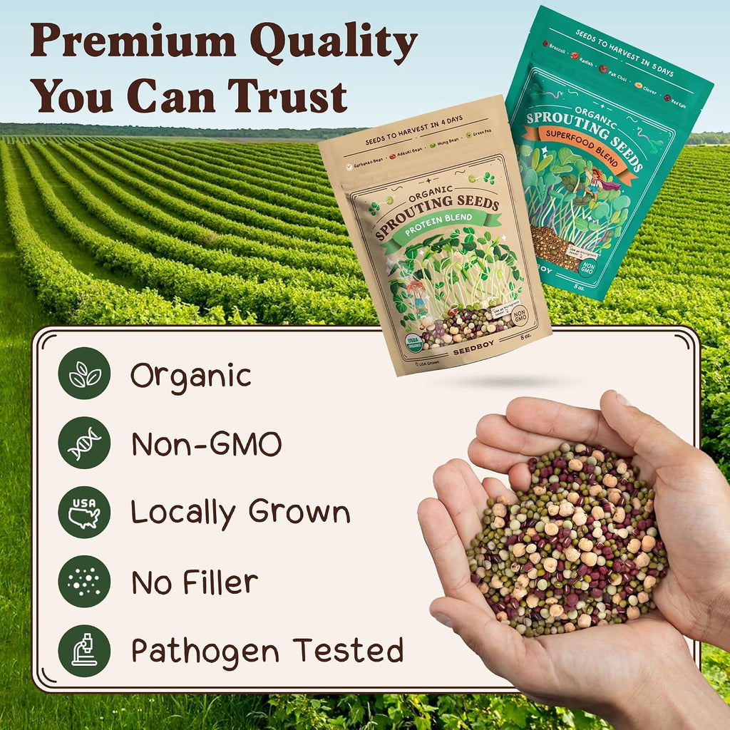 Organic Non-GMO Sprouting Seeds 2-Pack (Superfood/Protein) | Two 8 oz Bags Make 14 Quarts / 56 Servings; USDA Certified