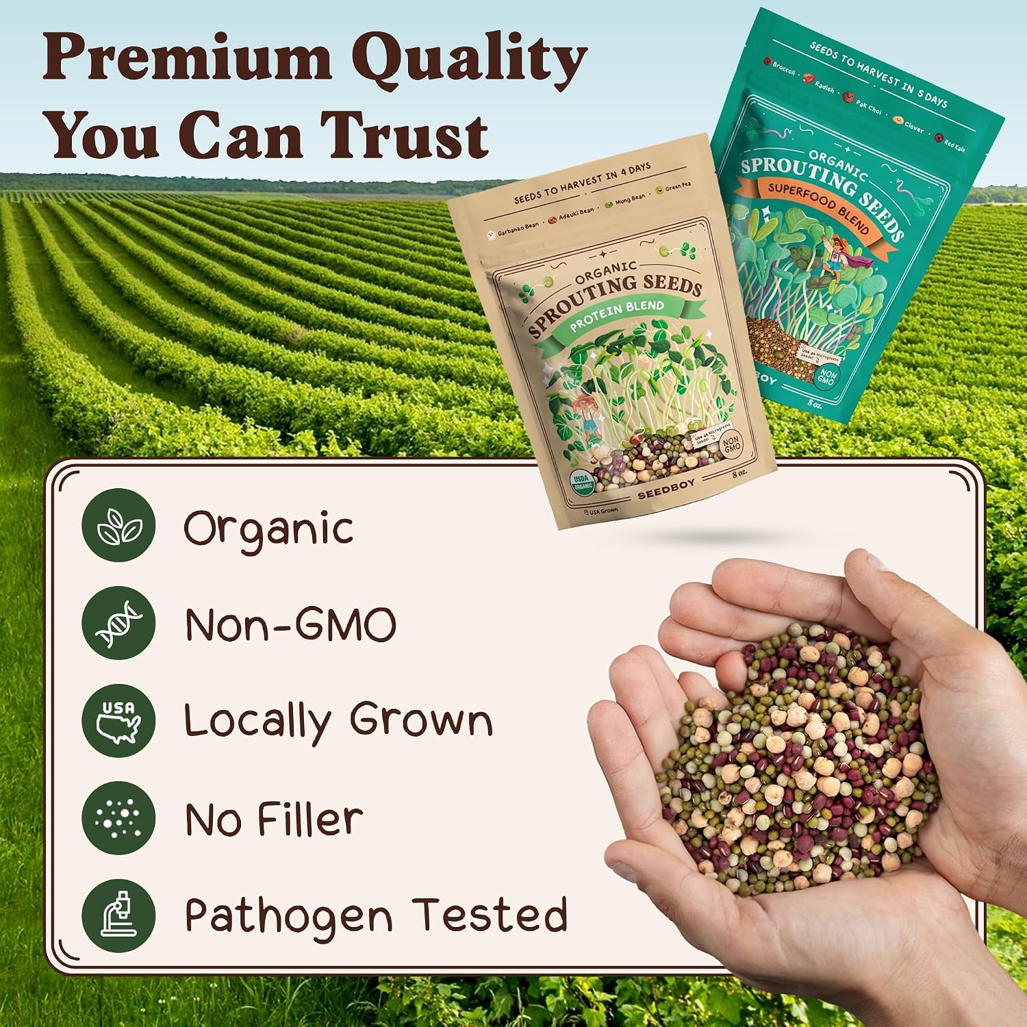 Organic Non-GMO Sprouting Seeds 2-Pack (Superfood/Protein) | Two 8 oz Bags Make 14 Quarts / 56 Servings; USDA Certified
