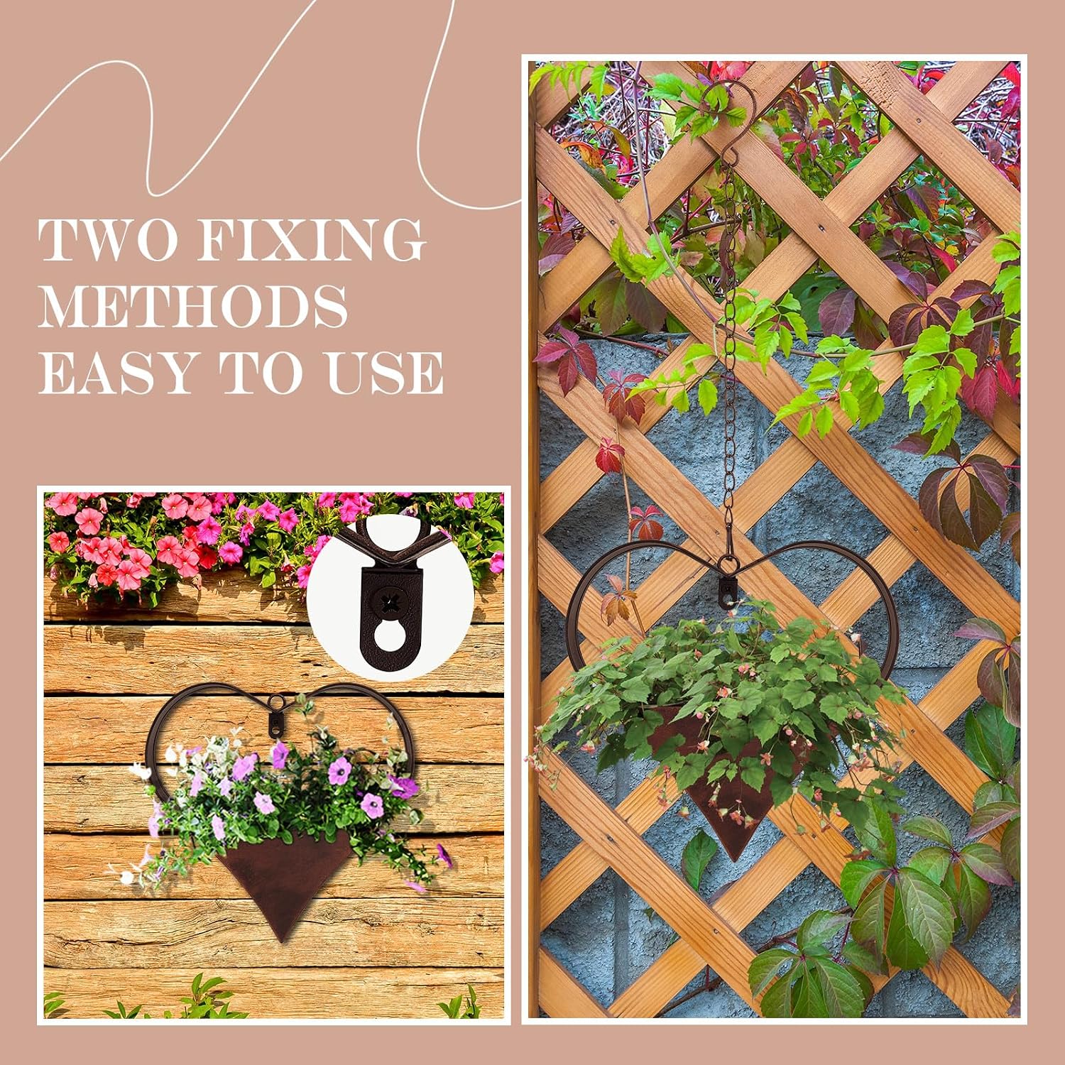 2 Pack Metal Plant Hangers Indoor and Outdoor Rustic Heart Shape Hanging Planters Holder Detachable Flower Pot with
