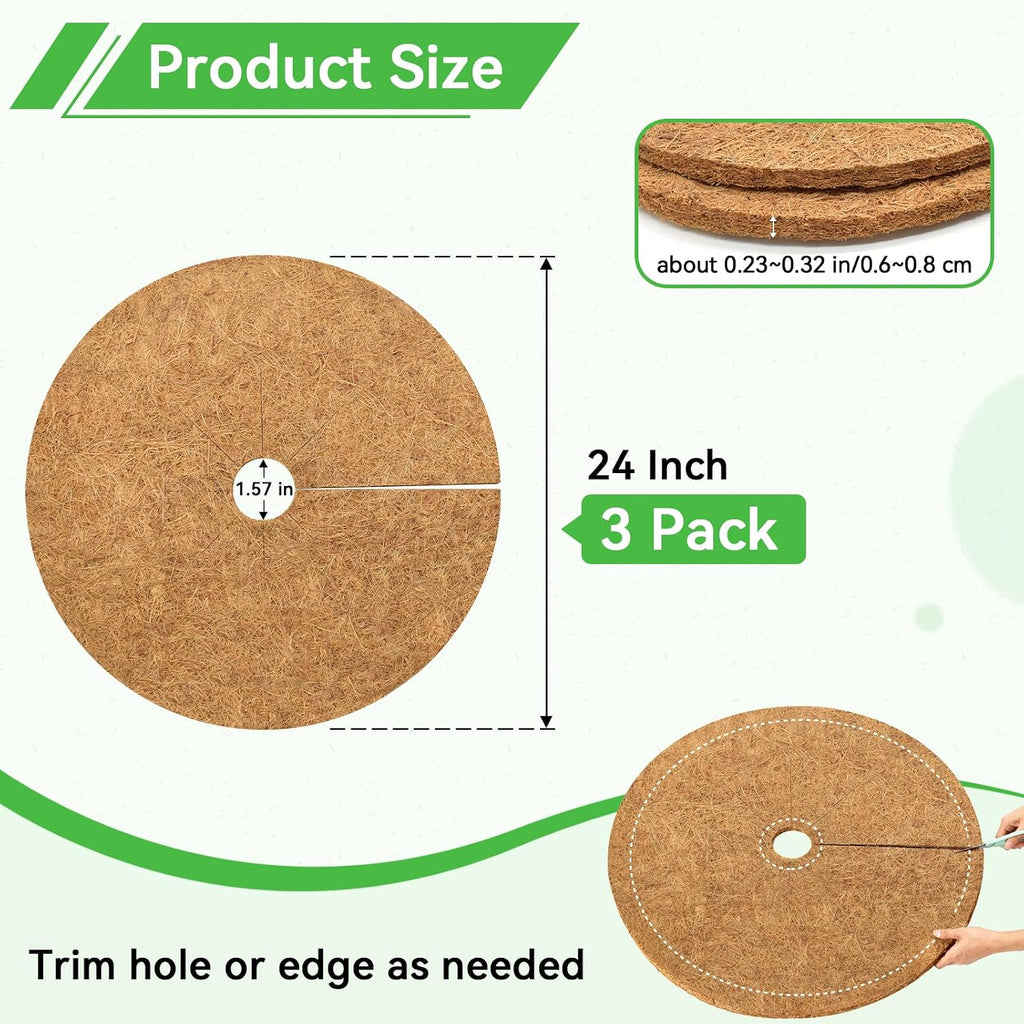 24 Inch Coconut Fiber Tree Ring Mulch Mat, 3 Pack Tree Mulch Ring | 100% Natural Coco Coir Tree Plant Protectors Mat