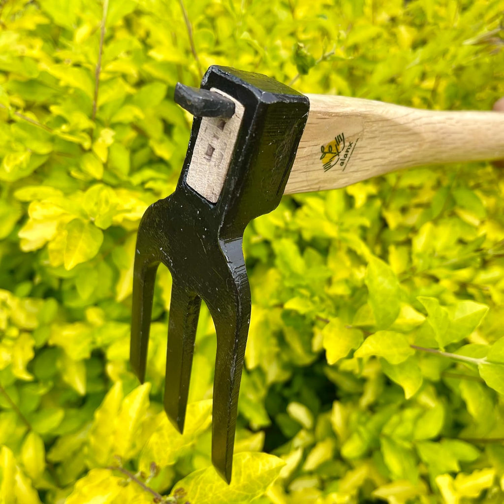 14 inch Japanese Hand Tiller/Rake for Garden, 3-tines Cultivator, Without Welding, Oak Handle, for Digging, Soil