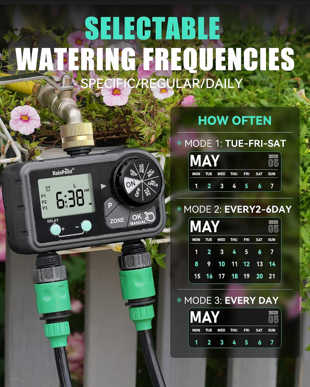 RAINPOINT Brass Sprinkler Timer 2 Stations, Large Digital Water Timer for Garden Hose with 6 Programmable Procedure