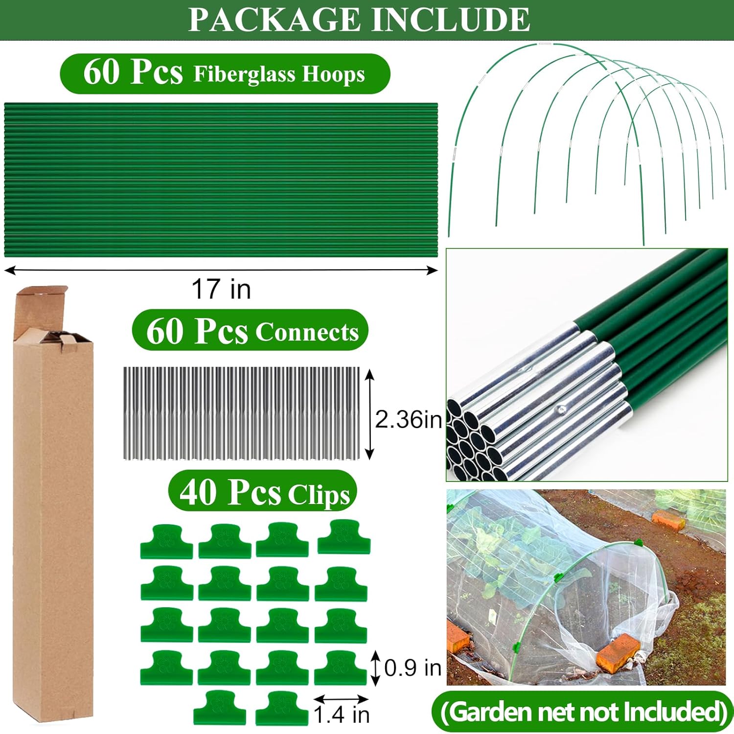 60Pcs Greenhouse Hoops Grow Tunnel Wide, 8FT Rust-Free Fiberglass Support Garden Hoops Kit for Raised Beds Plant Cloth
