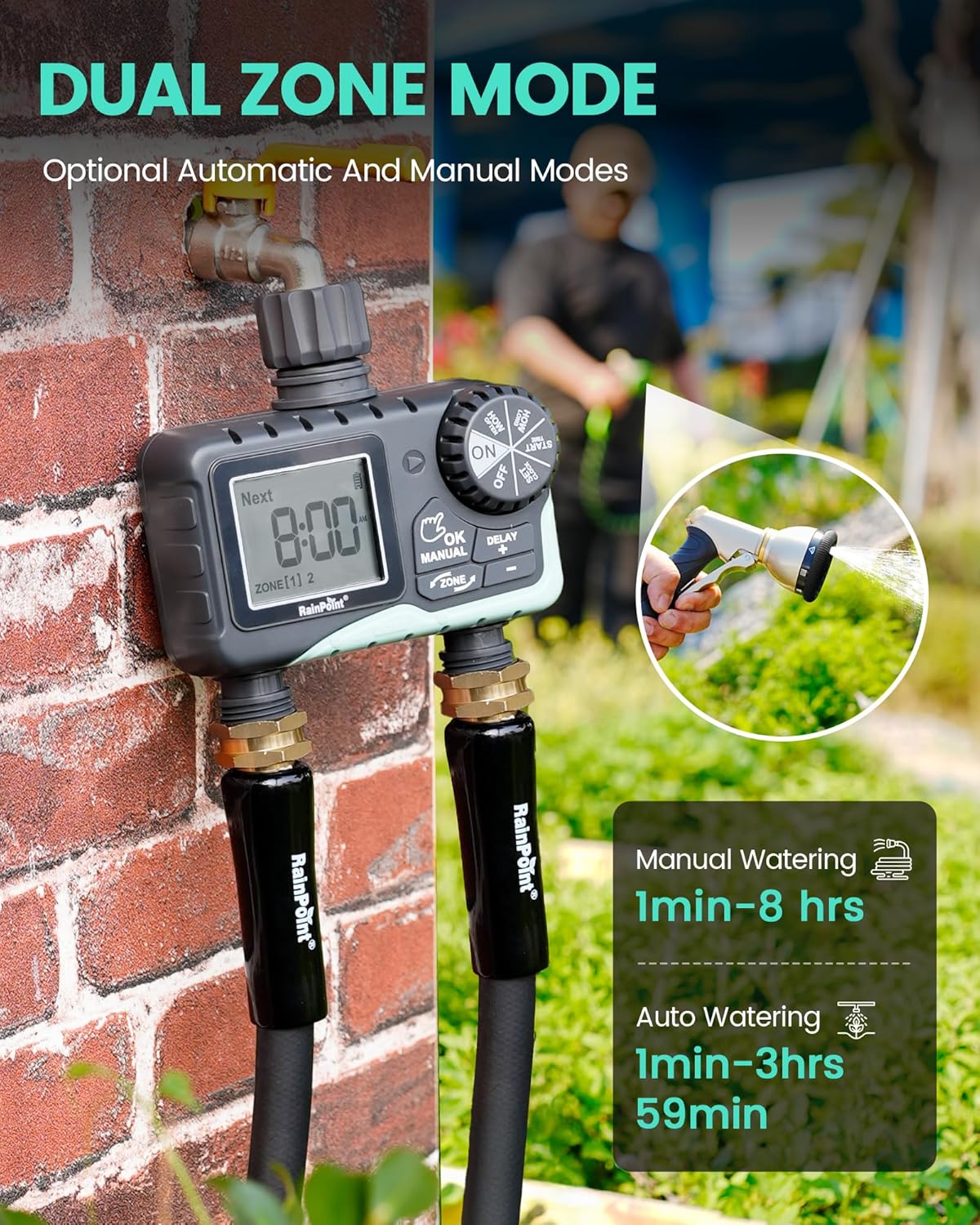 RAINPOINT Sprinkler Timer 2 Outlet, Water Timer for Garden Hose, Programmable Drip Irrigation for Yard Outdoor