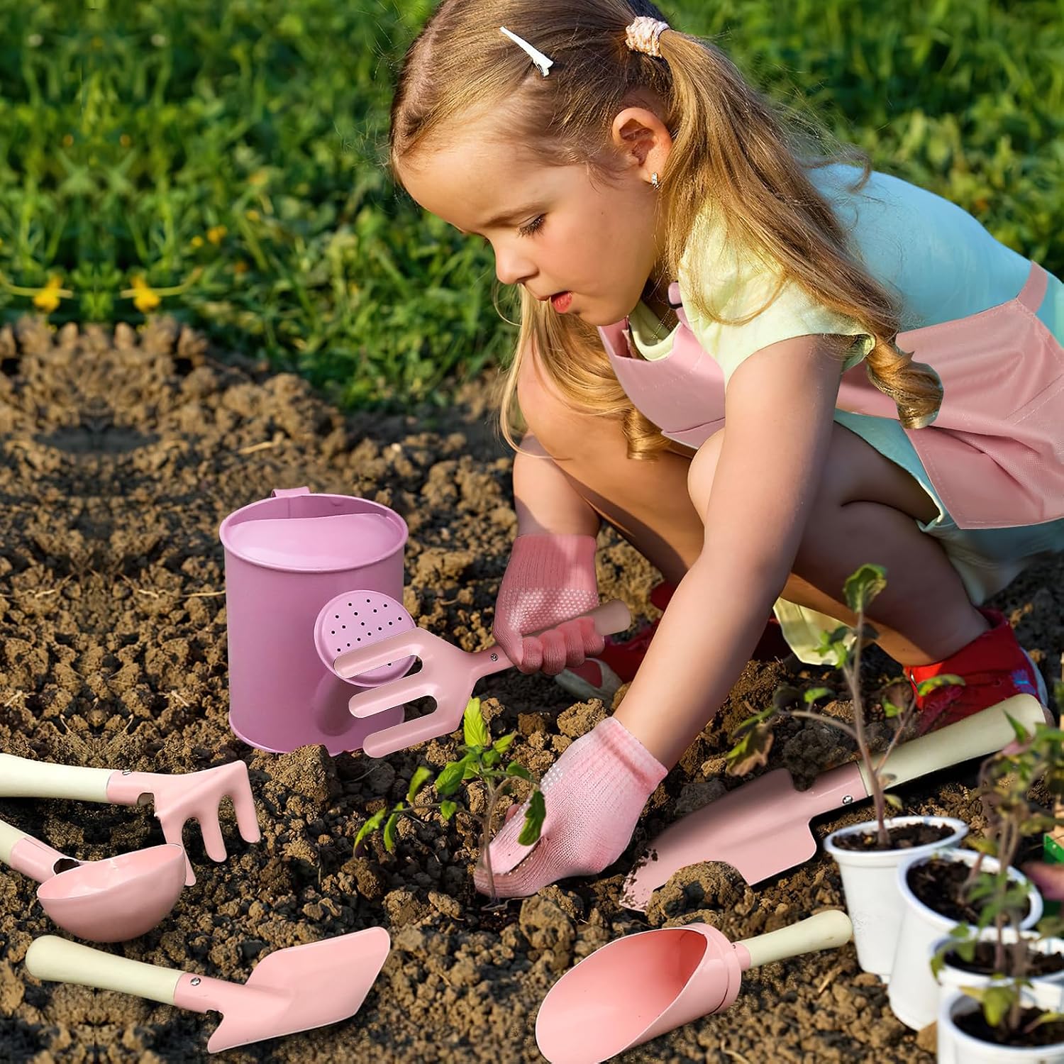 Qtioucp Kids Gardening Set 14Pcs Garden Tools with Tote Bag,Watering Can, Shovel, Apron, Garden Book and More