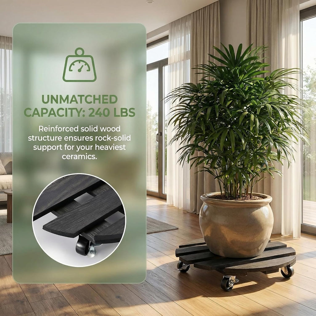 Plant Caddy with Wheels, 12 Inch Rolling Plant Stand, 2 Pack, Black | Heavy Duty Wooden Plant Dolly with Locking