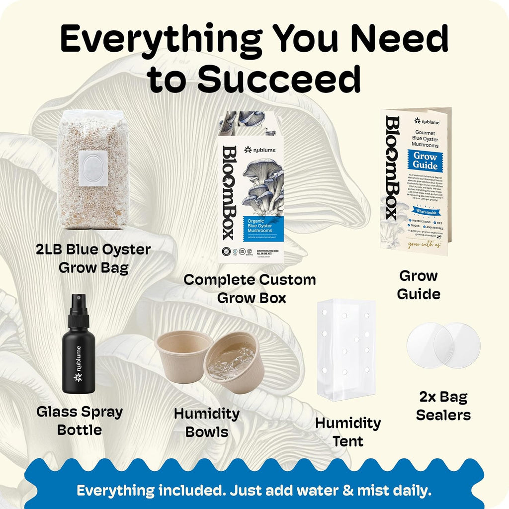 BloomBox Blue Oyster Mushroom Grow Kit – Spray & Grow – Pre-Inoculated Indoor Mushroom Farm – Beginner Friendly –