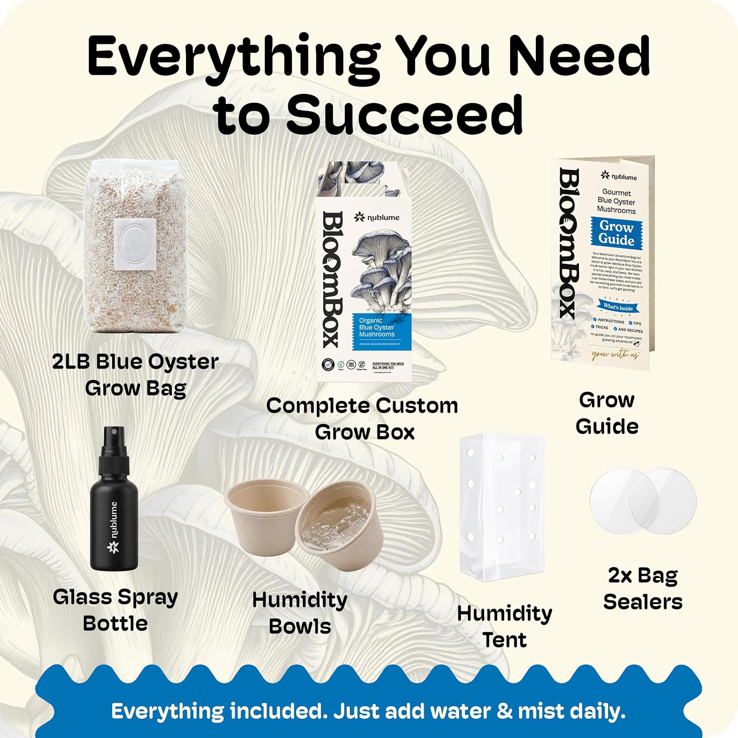 BloomBox Blue Oyster Mushroom Grow Kit – Spray & Grow – Pre-Inoculated Indoor Mushroom Farm – Beginner Friendly –