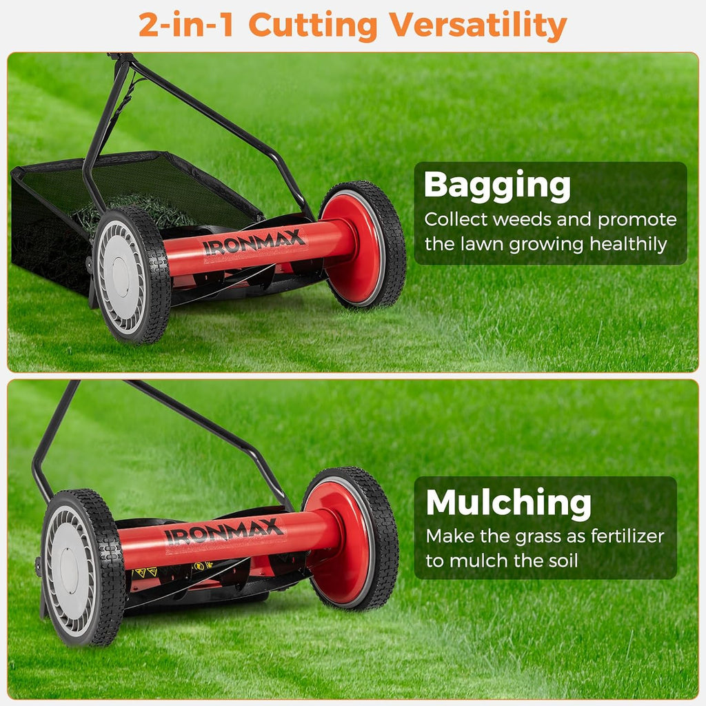 IRONMAX 14 Inch 5-Blade Push Reel Mower, Removable Grass Catcher, Red | 4-Level Adjustable Cutting Heights, Lightweight