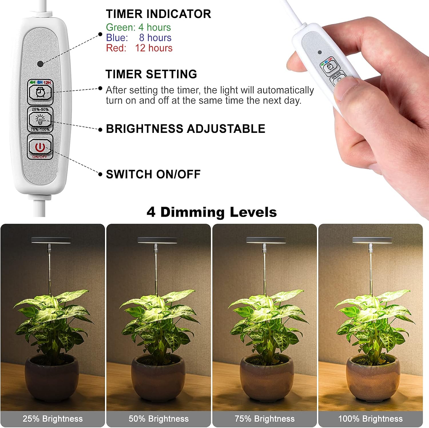 LORDEM Full Spectrum LED Grow Light for Indoor Plants, 3 Packs | Height Adjustable, Auto On/Off Timer 4/8/12H, 4