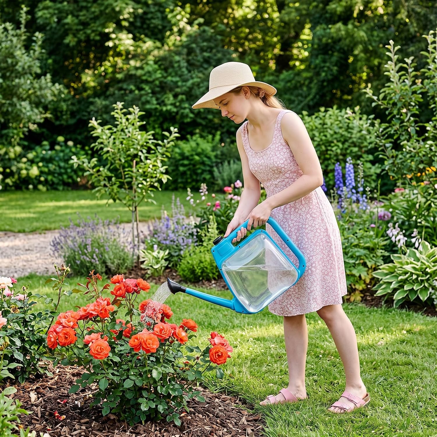 1.59 Gal Blue Clear Plastic Foldable Watering Can | Rotating nozzle, long spout, compact ergonomic design, dual