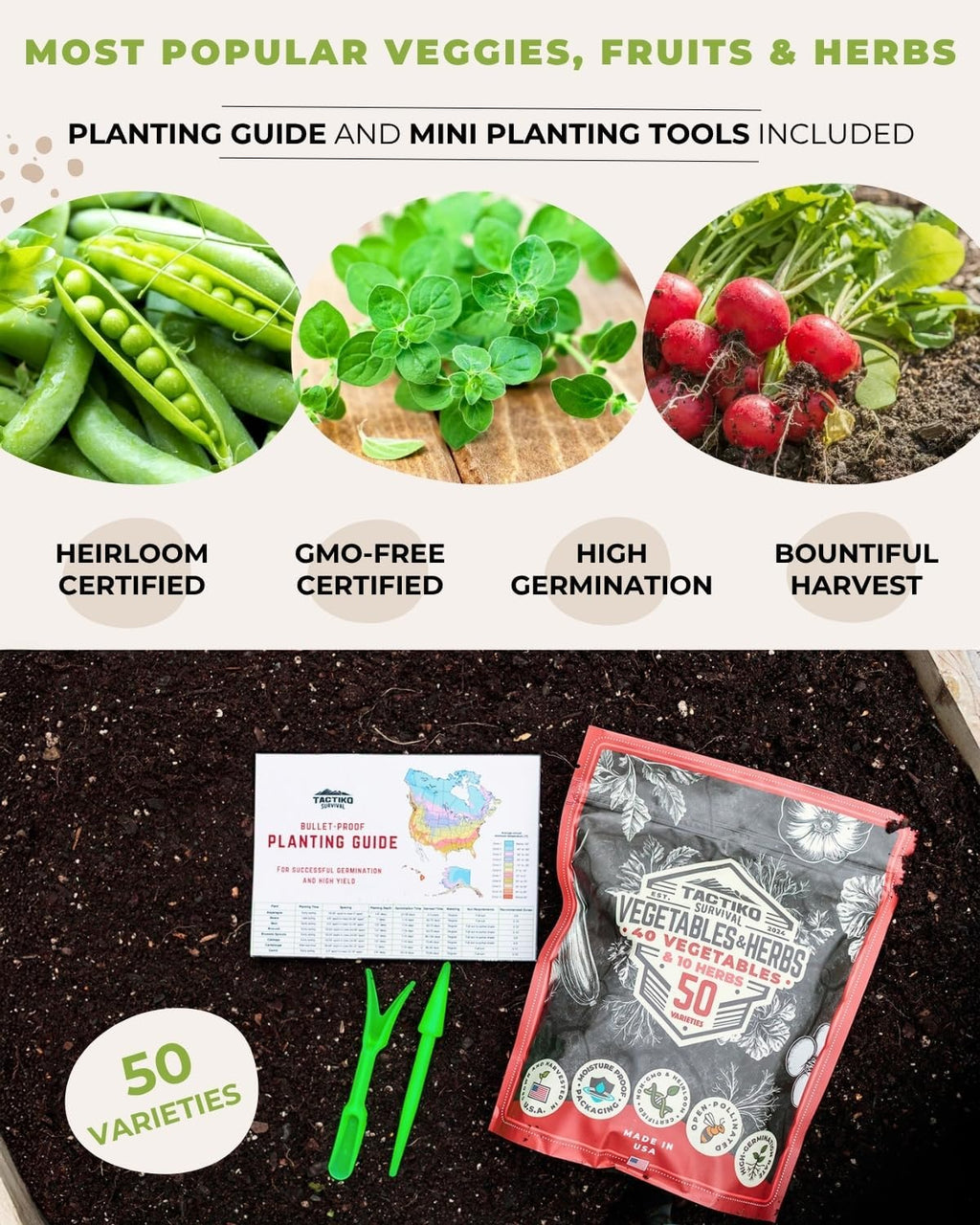 Tactiko Vegetable, Herb and Fruit Seed Kit | 50 Varieties | 37,000+ Non-GMO