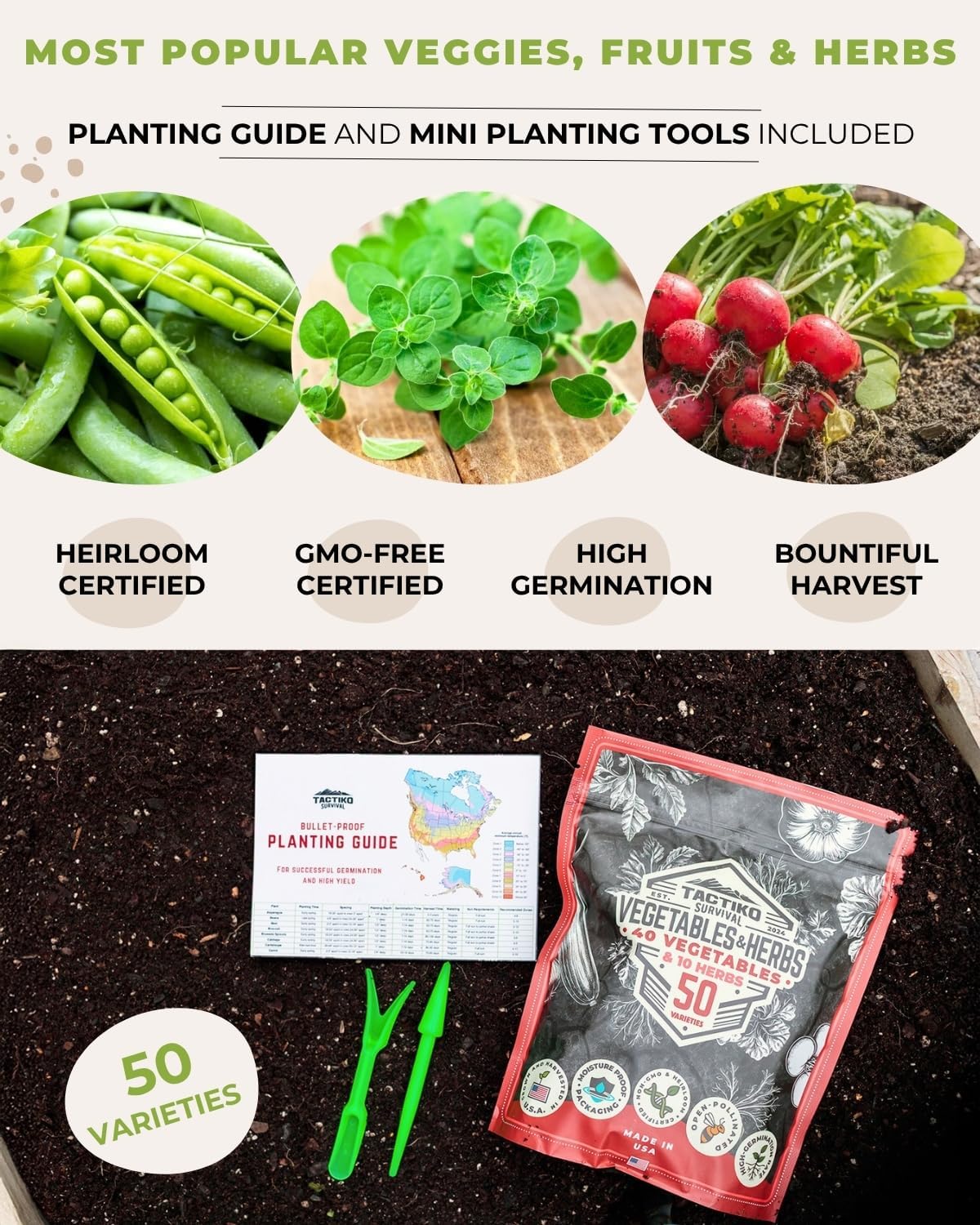 Tactiko Vegetable, Herb and Fruit Seed Kit | 50 Varieties | 37,000+ Non-GMO