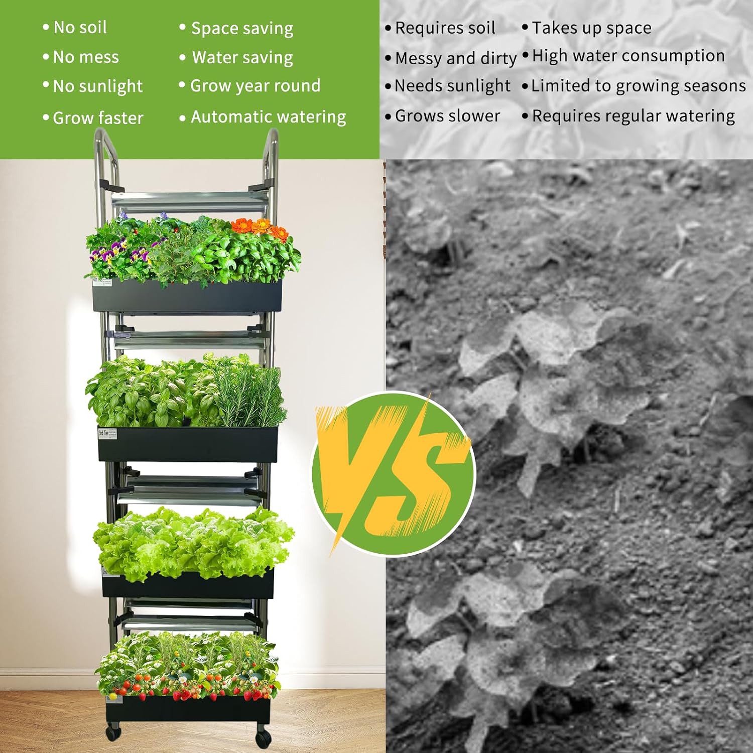 4-Tier 80 Pod Hydroponic Growing System, Smart Vertical Garden | Full-spectrum LED grow lights with auto water pump