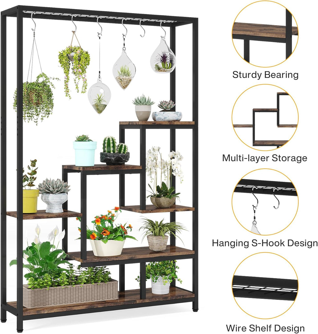 Tribesigns 5-Tier Tall Indoor Plant Stand, 70.9 inches Large Metal Plant Shelf with 6PC S Hanging Hooks, Multi-Purpose