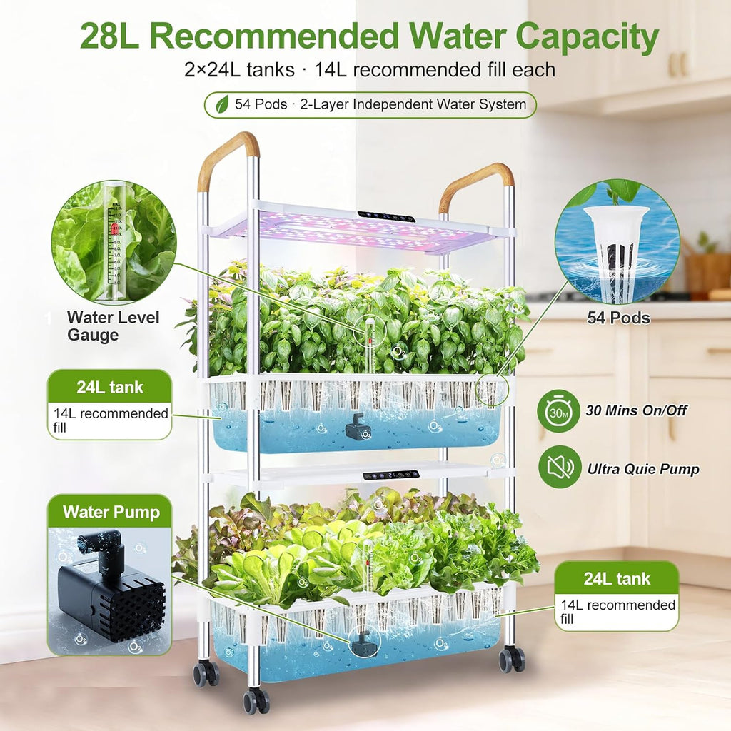 54-Pod Hydroponic Growing System, 2-Tier Indoor Garden for Herbs & Vegetables with 2×30W Full-Spectrum LED Grow Lights