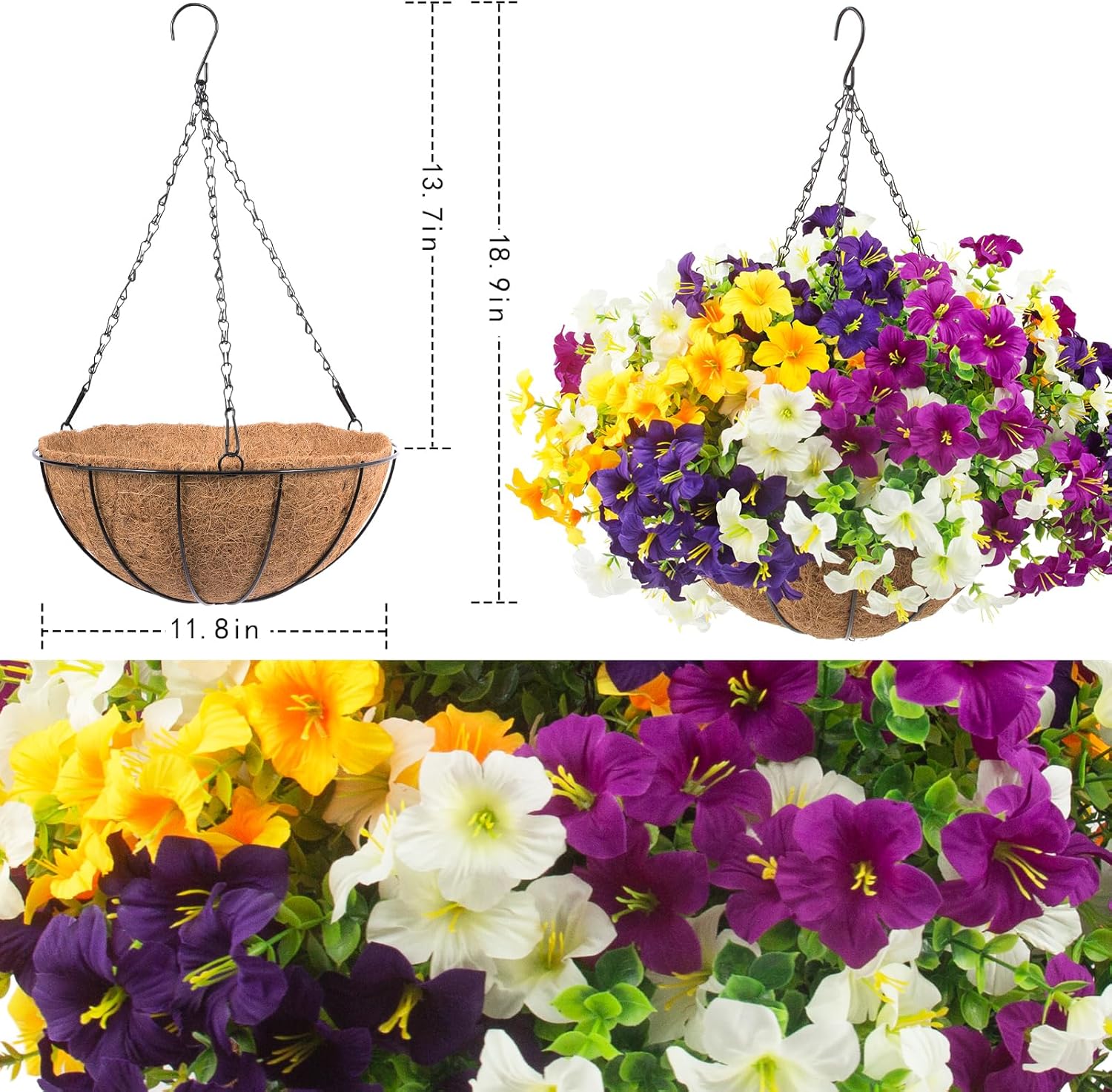 2 Set Artificial Outdoor Flowers with Hanging Baskets,24 Pcs UV Resistant Faux Petunias Flowers with Hanging Planter