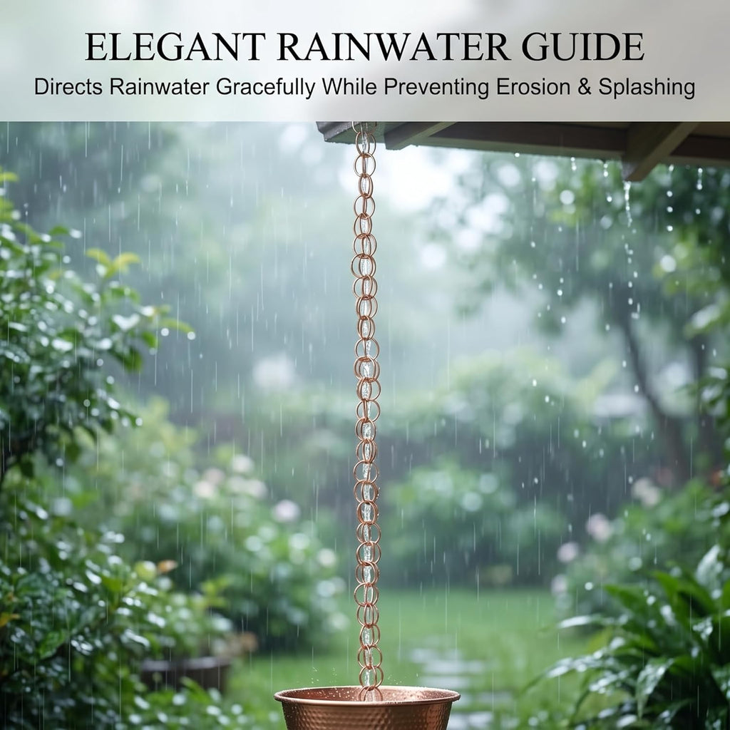 Topadorn 7.7FT Copper-Tone Double Ring Rain Chain | Modern Decorative Metal Downspout Replacement, Adjustable Outdoor