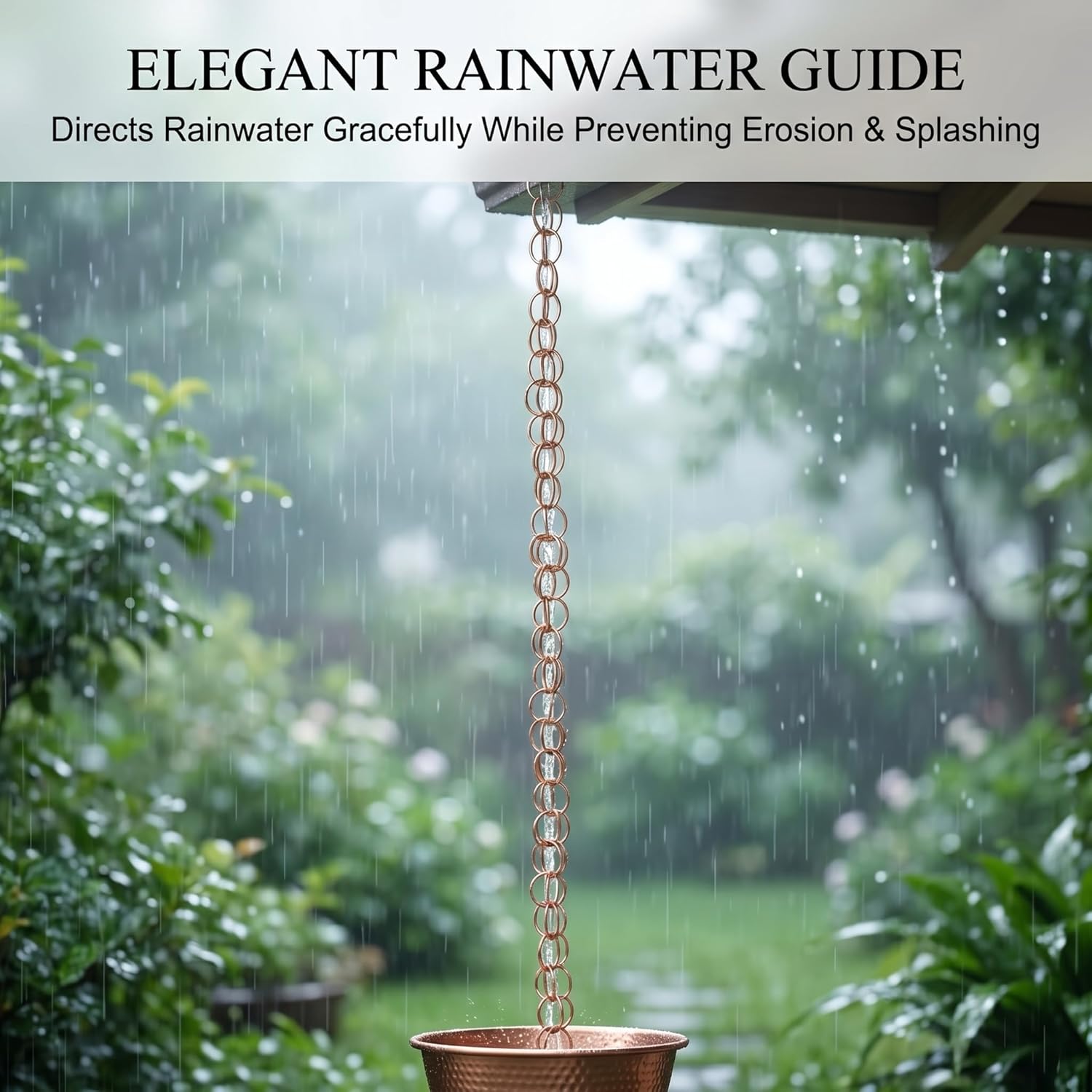Topadorn 7.7FT Copper-Tone Double Ring Rain Chain | Modern Decorative Metal Downspout Replacement, Adjustable Outdoor