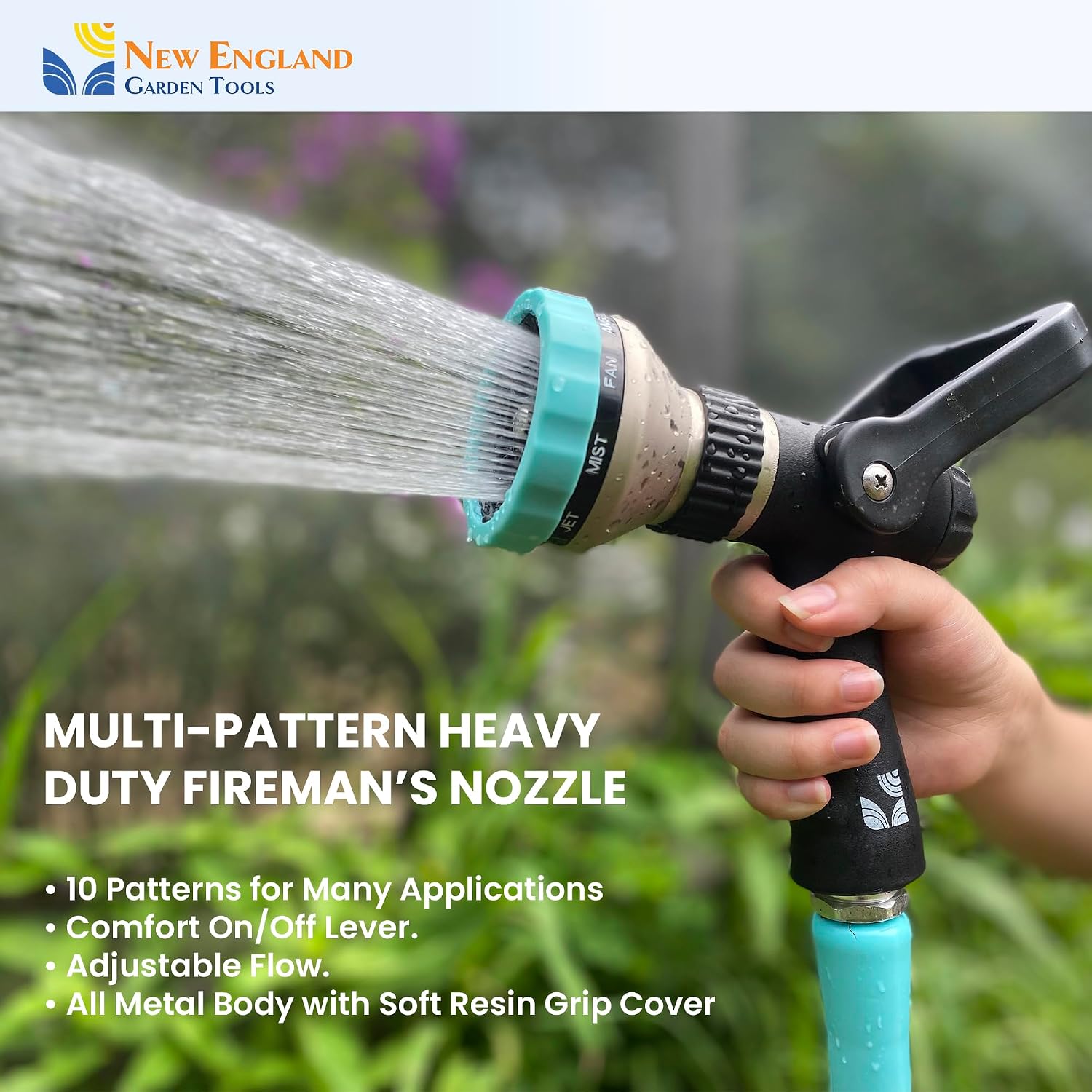 Heavy Duty Metal Fireman’s Hose Nozzle 500003, 10-Pattern Hose Sprayer with Lever Control & Comfort Grip, High Flow