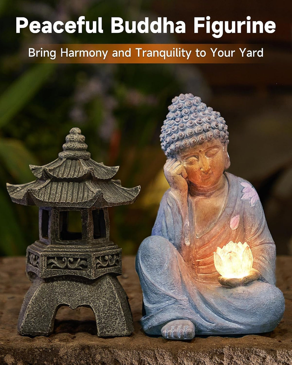 Buddha Statue Outdoor with Lotus Flower Light, IP65 Waterproof Solar Statue Lights, Outdoor Statues for Garden, Zen