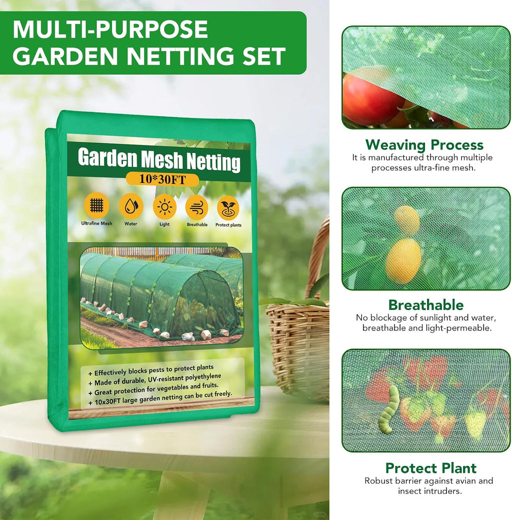 Garden Mesh Netting Kit for Raised Beds, 10x30FT Green Garden Netting ＆6 Sets Fiberglass Garden Hoops, Row Cover Garden