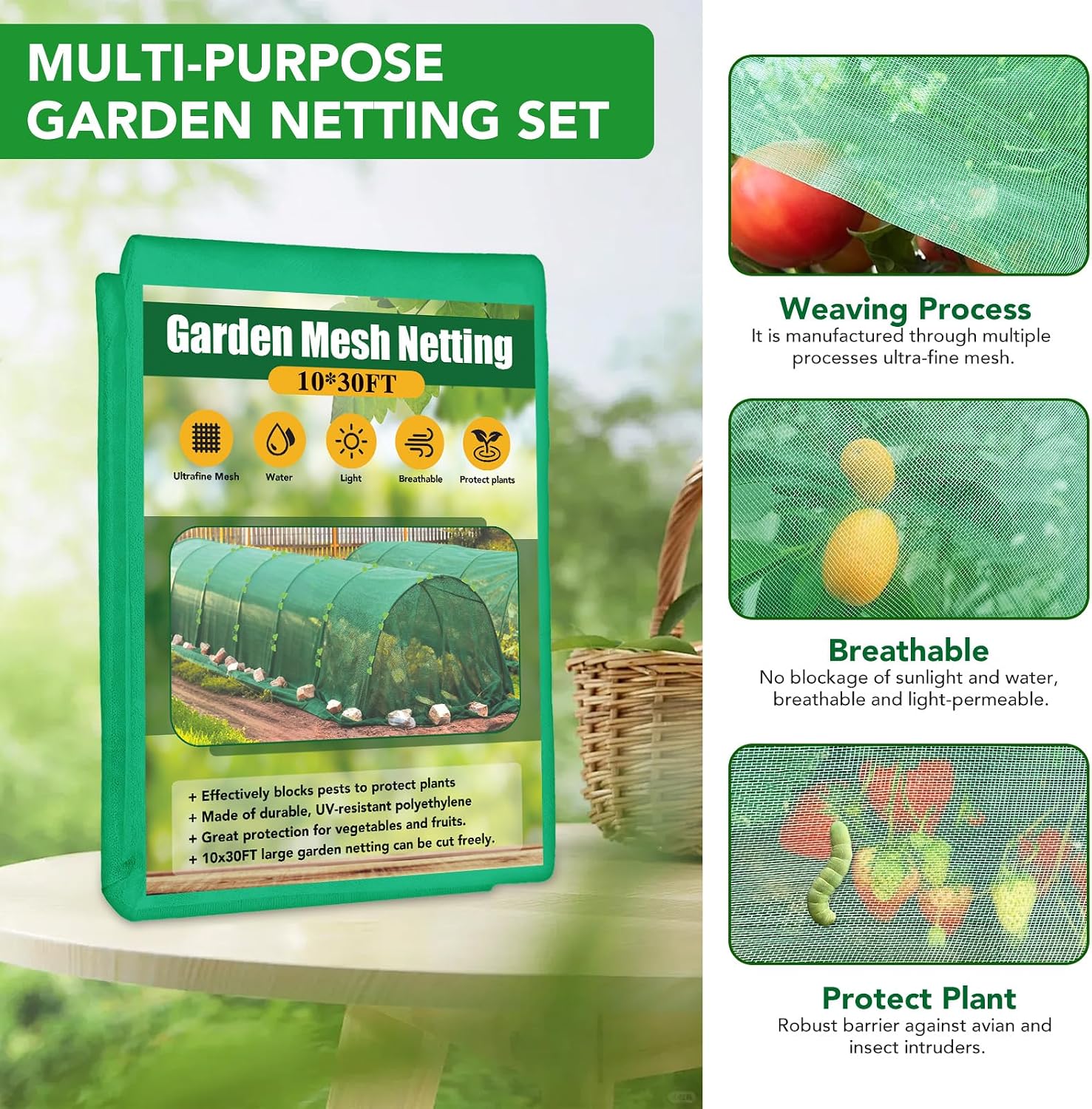 Garden Mesh Netting Kit for Raised Beds, 10x30FT Green Garden Netting ＆6 Sets Fiberglass Garden Hoops, Row Cover Garden