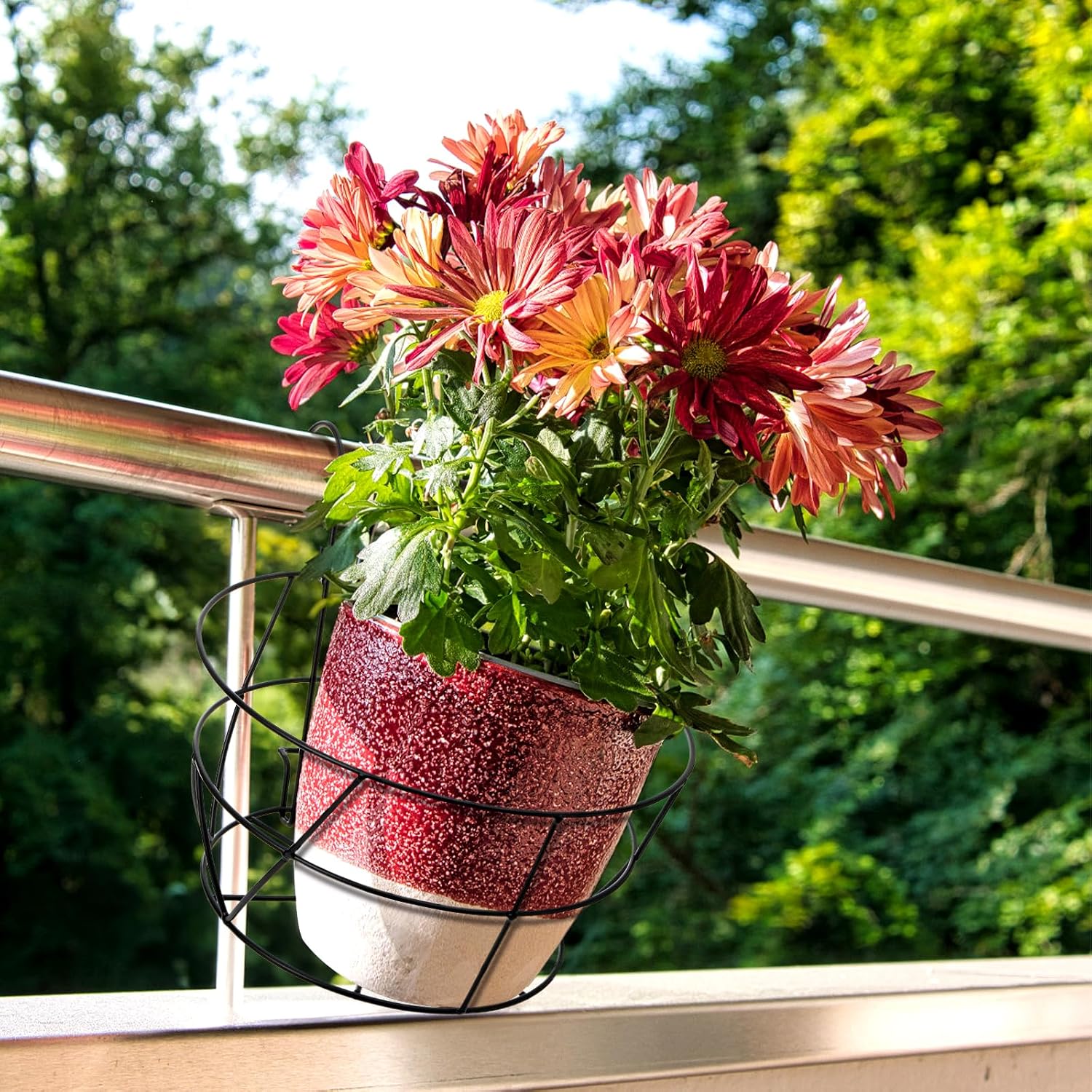 Pumtus 3 Pack Railing Planter Holders, 10'' Round Iron Hanging Fence Pot Basket, Over The Rail Indoor Outdoor Plant