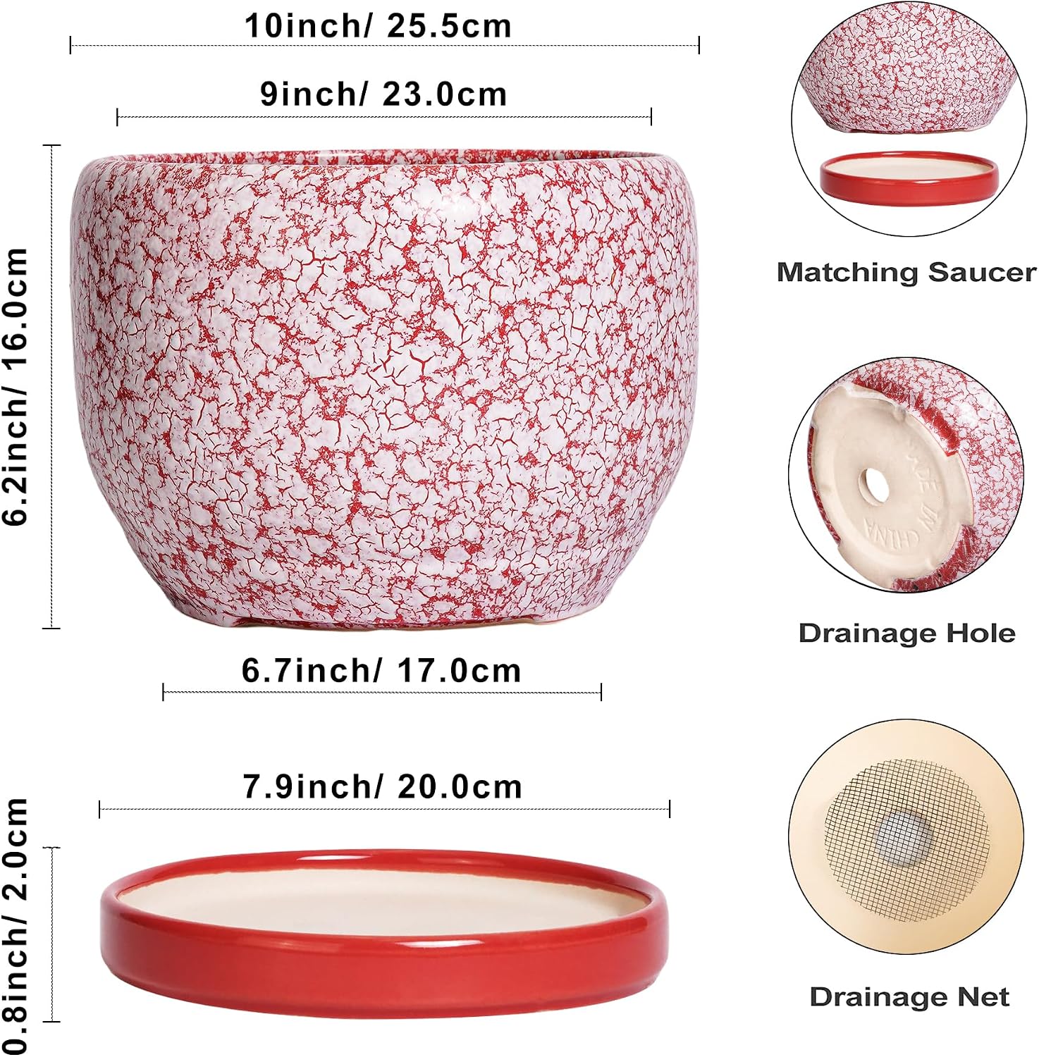 SQOWL Ceramic Planters for Indoor Plants - 10 Inch Flower Pots with Drainage Hole and Saucer, Decorative Ceramic Plant