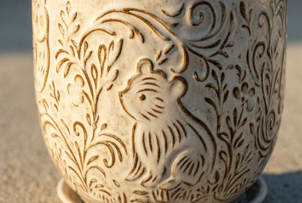 Decorative Ceramic Planter Pot with Saucer, Brown with Gold and Silver Owl Pattern, Indoor Garden Container with