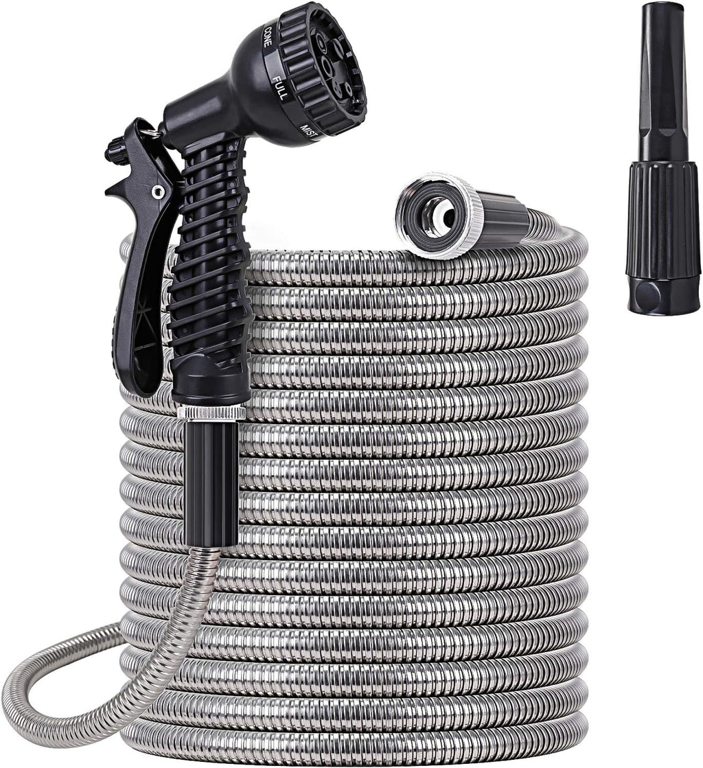 Metal Water Hose 25 ft - Stainless Steel Water Hose with 2 Nozzles, Lightweight, Tangle Free & Kink Free, Heavy Duty