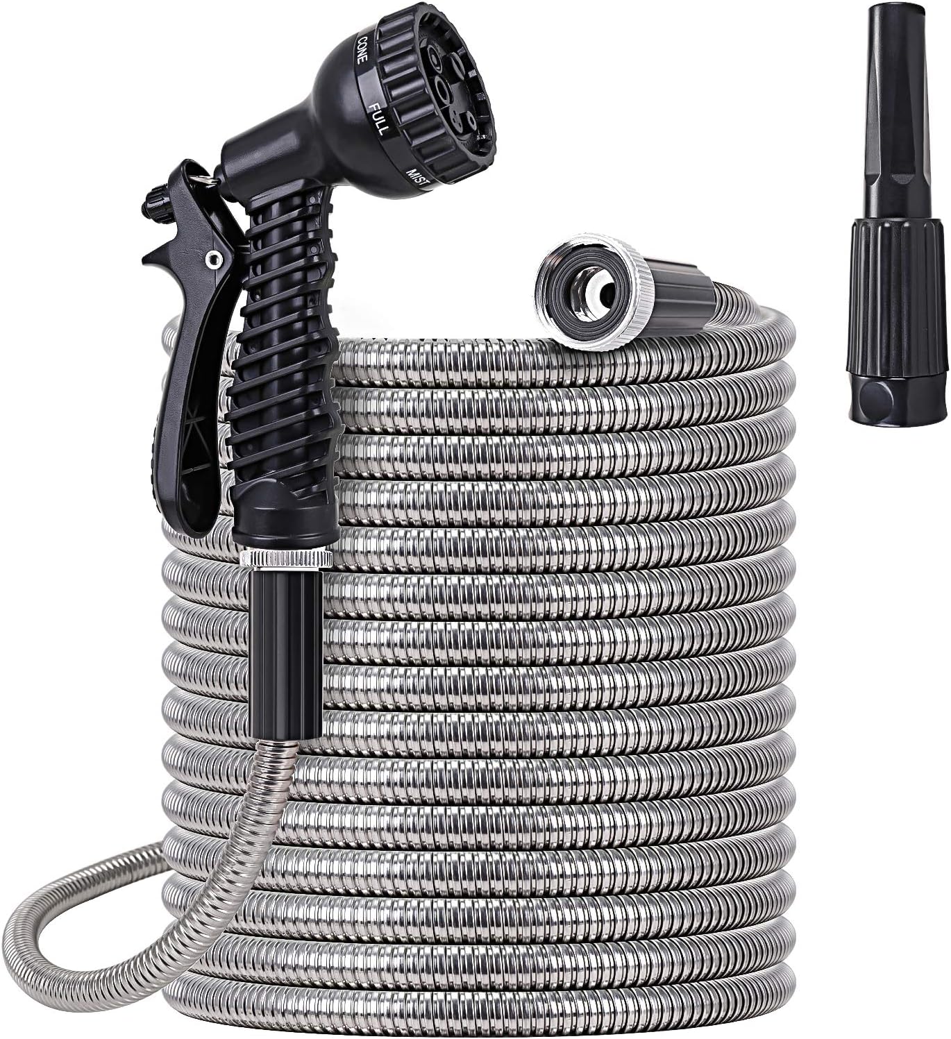 Metal Water Hose 25 ft - Stainless Steel Water Hose with 2 Nozzles, Lightweight, Tangle Free & Kink Free, Heavy Duty