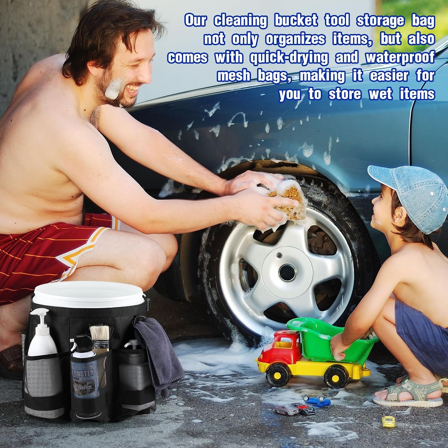 2 Pcs Bucket Organizer for 5 Gallon Car Wash Caddy Bucket Tool Bag with 6 Mesh Pockets for Cleaning Garden Fishing