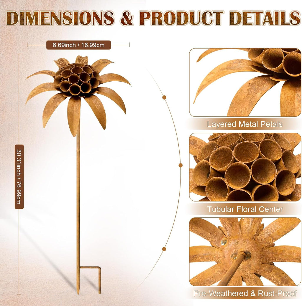Hicarer 2 Pcs Rusty Metal Flowers for Outside, Rustic Metal Decorative Garden Stakes, Flower Bed Decorations Plant for