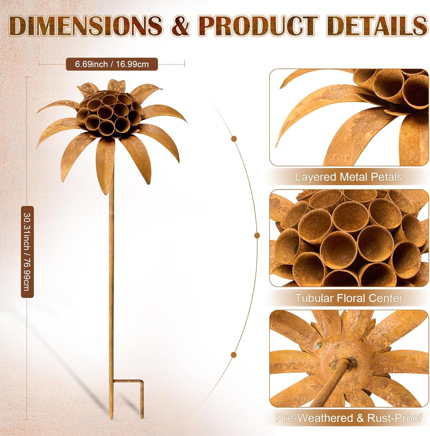Hicarer 2 Pcs Rusty Metal Flowers for Outside, Rustic Metal Decorative Garden Stakes, Flower Bed Decorations Plant for