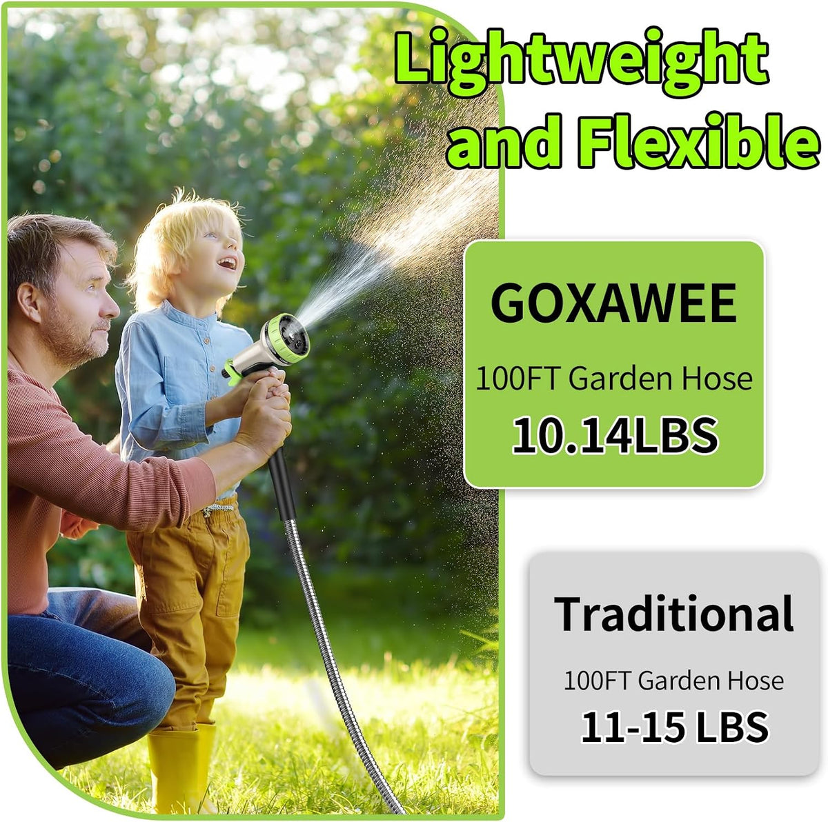 GOXAWEE 100FT Garden Hose, Stainless Steel Water Hose, 10 Function Nozzle | Heavy Duty Metal Water Hose (No-Kink, Tough