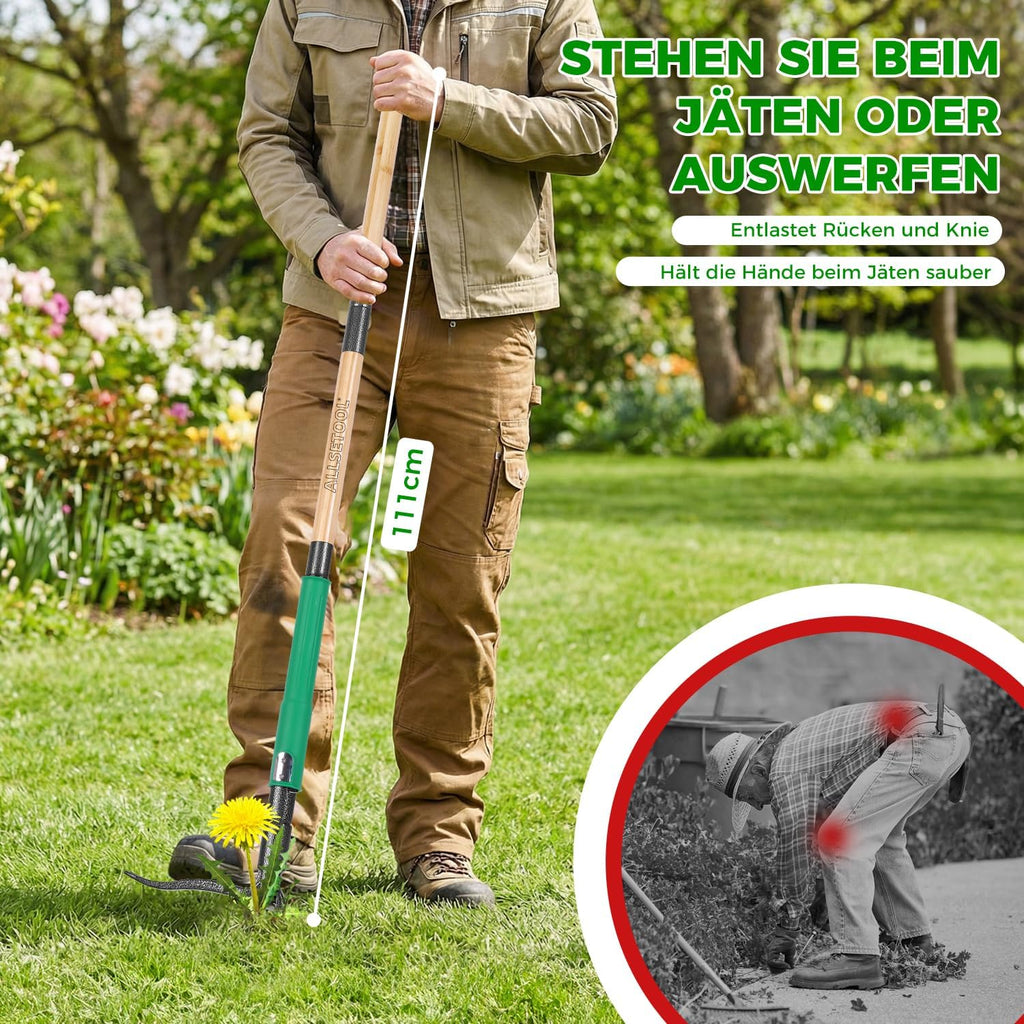 Weed Puller Tool with 2 Weed Eject Feature, 43.7in Stand Up Dandelion Remover Tool, Real Bamboo Handle and Metal 4 Claw