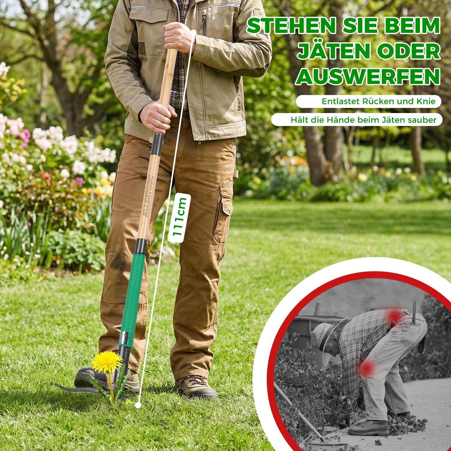 Weed Puller Tool with 2 Weed Eject Feature, 43.7in Stand Up Dandelion Remover Tool, Real Bamboo Handle and Metal 4 Claw