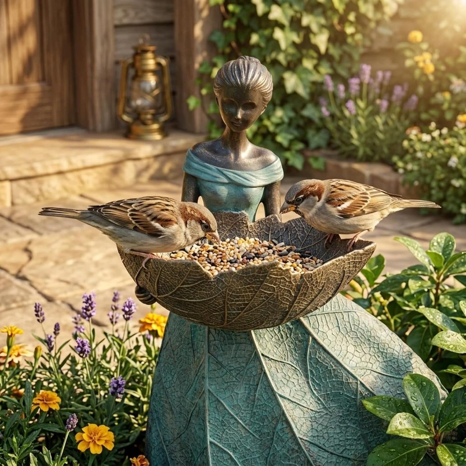 DiliComing Fairy Garden Statues Bird Feeder - 12 Inch Outdoor Fairy Statue | Resin Garden Decor, Decorative Patio Yard