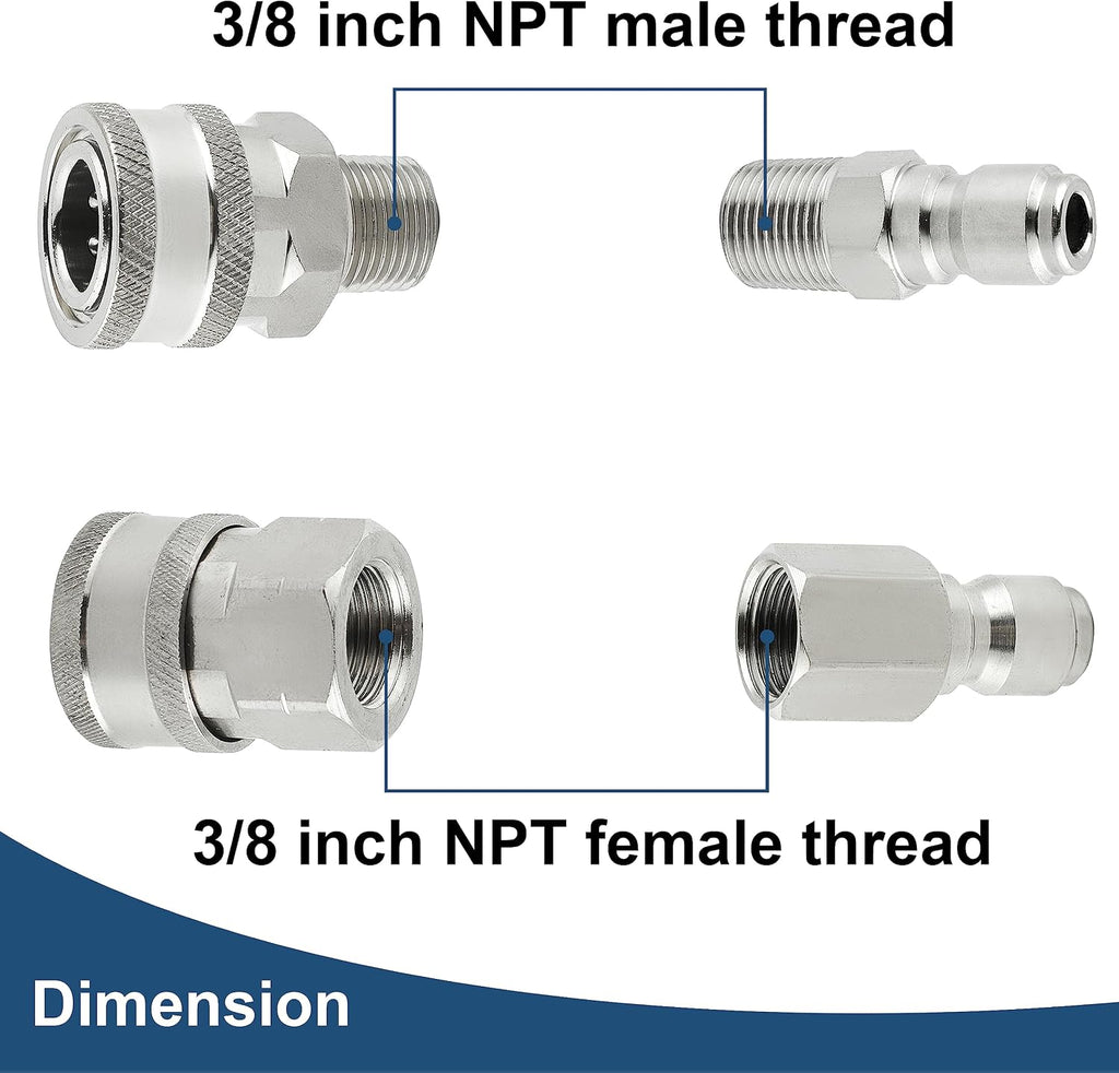 Pressure Washer Quick Connect 3/8 Inch, Stainless Steel, 8 Piece | Pressure Washer Fittings, Adapter Set, Female and