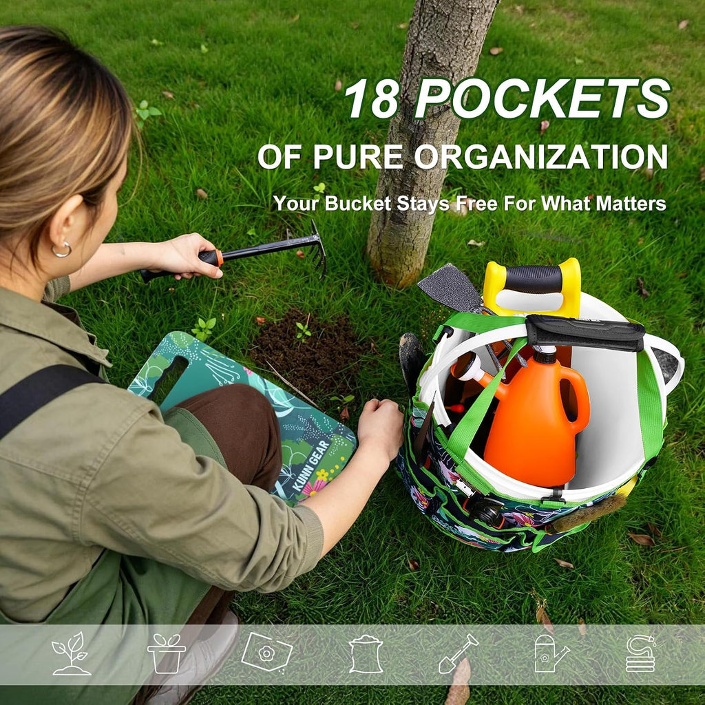 KUNN 5 Gallon Garden Bucket Tool Organizer & Kneeling Pad Set, 18-Pocket Heavy Duty Garden Caddy with Hangable Handle