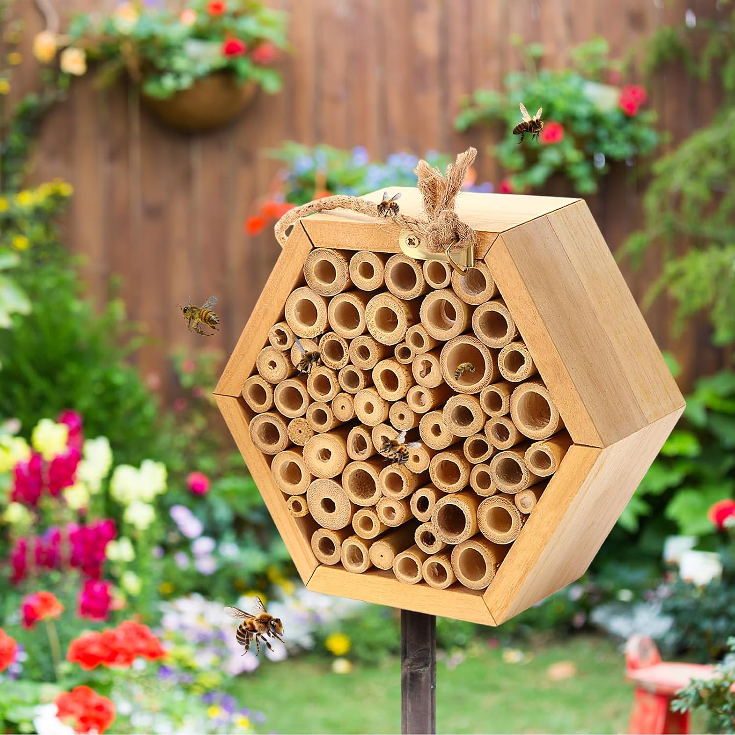 Leinuosen 6 Pcs Mason Bee House for the Garden with DIY Painting Kits and 6 Felt Bee 12 Felt Flower Natural Handmade