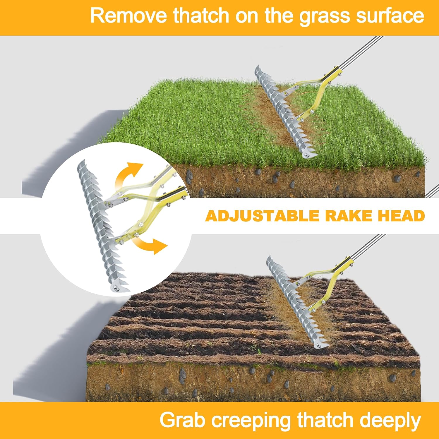 BARAYSTUS Thatch Rake Dethatcher - 15-Inch Wide Lawn Rake for Dead Grass Removal, Stainless Steel Adjustable Handle