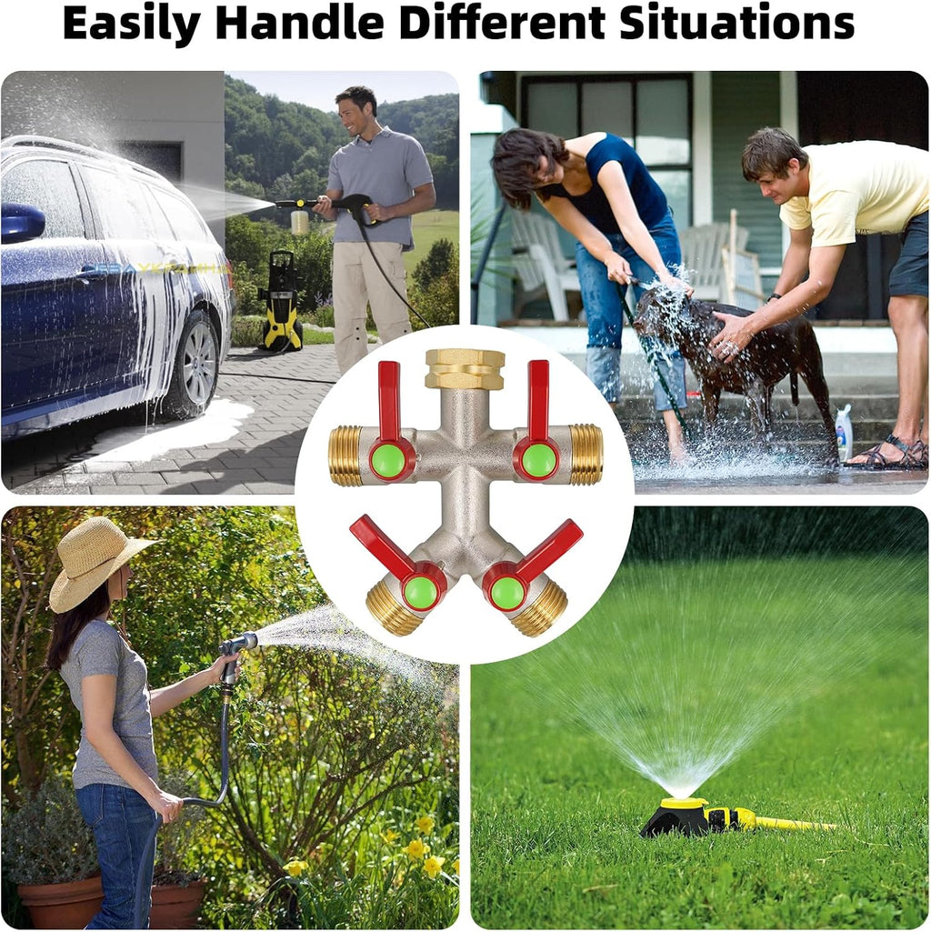 Hose Splitter 4 Way, High Flow Garden Hose Splitter, 3/4” Ght Inlet Brass Heavy Duty Hose Converter, Full Flow water 4