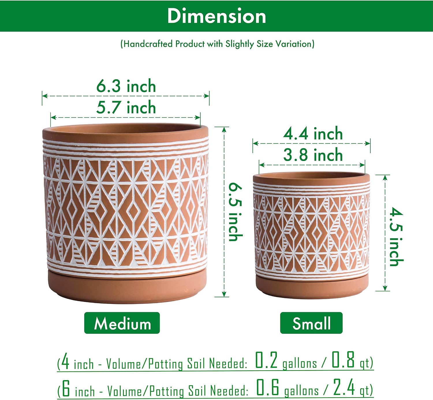 D'vine Dev 2-Pack Terracotta Pots, 4/6 in, Terra/White, 31-958-G-1 | Hand-Painted Pattern, Natural Clay Texture