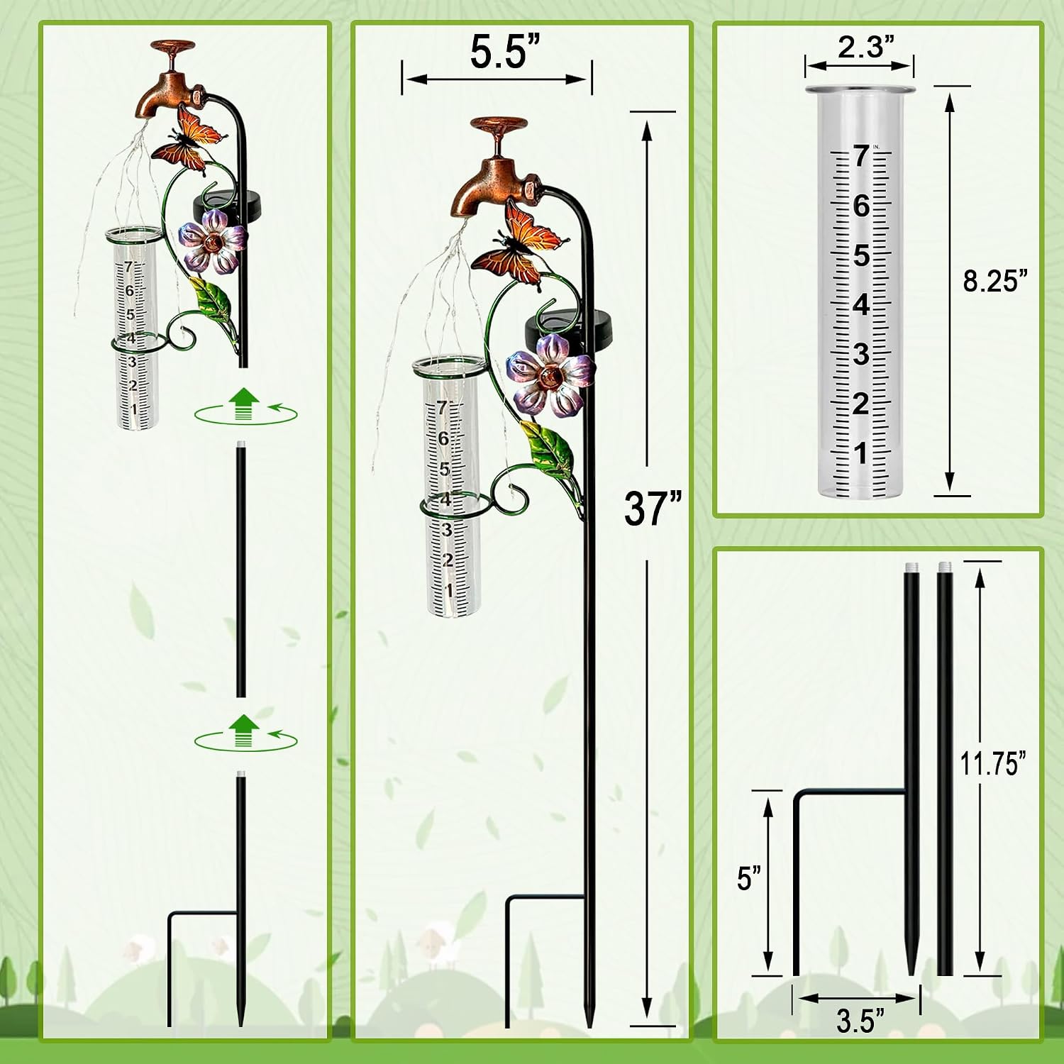 Decorative Rain Gauge Garden Stake with Butterfly and Flower Design, Copper Faucet Style, Metal Garden Decor