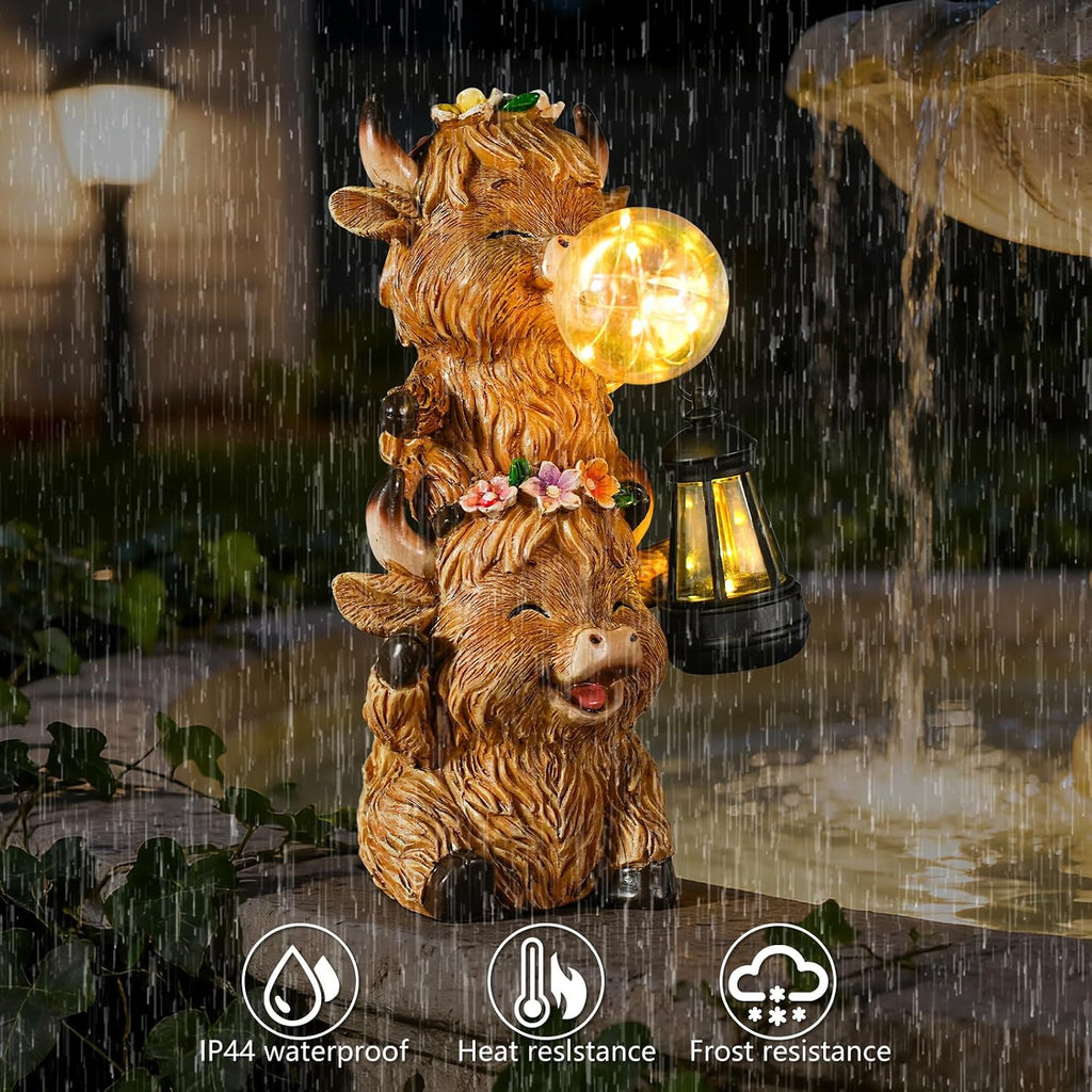Outdoor Resin Highland Cow Garden Statue | Cute Cow Decoration with Glowing Lantern & Light-Up Bubble, Waterproof Yard